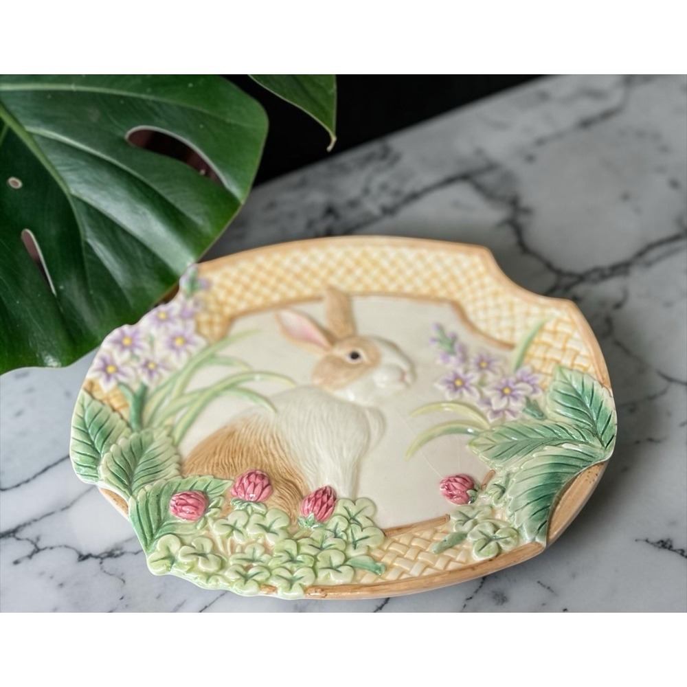 Fitz‎ & Floyd Essentials Botanical Bunny Rabbit Canape Plate Dish Bowl Embossed